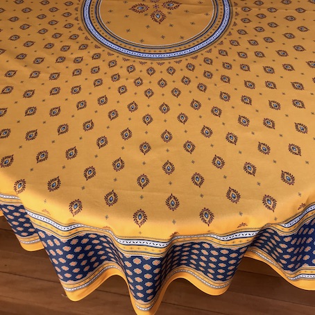 70 inches round coated blue and yellow provencal tablecloth