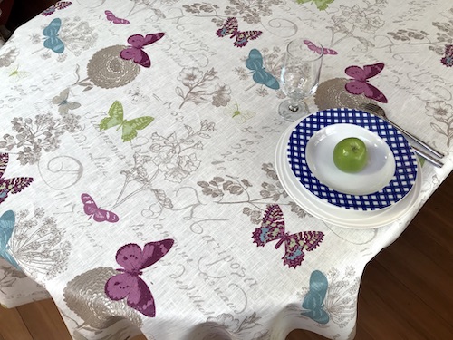 acrylic coated linen french tablecloth with butterfly design
