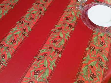 French coated tablecloth with red olives designs
