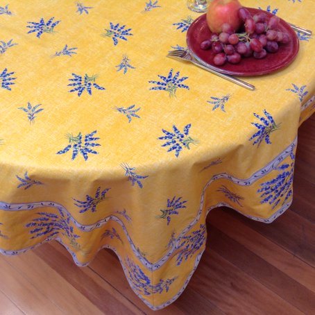 provencal yellow and blue tablecloth with lavender design and contrasting border