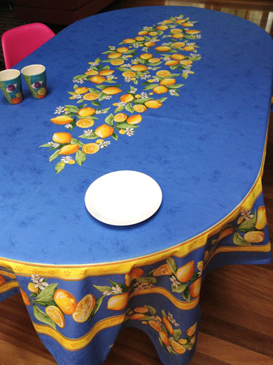 plastic coated oval tablecloth with lemon design from France