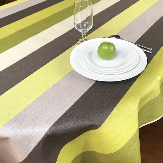 coated linen tablecloth with green stripes