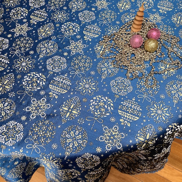 Christmas tablecloth with blue baubles