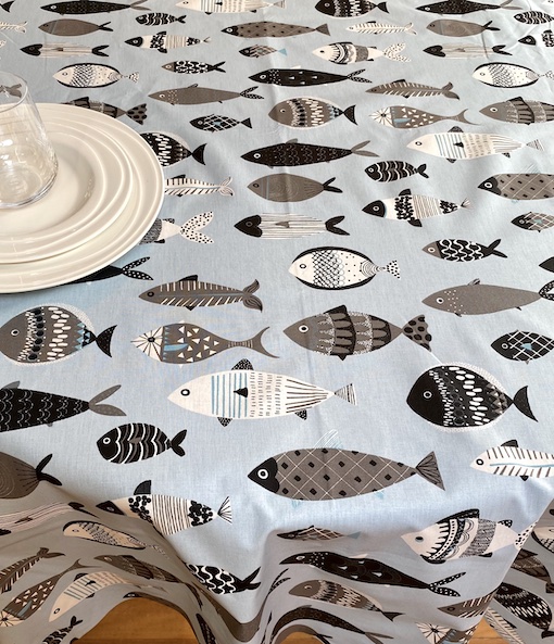 acrylic coated french tablecloth seats 10  with fish designs