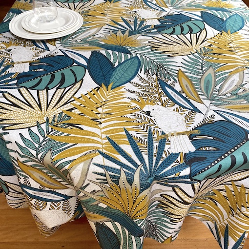 acrylic coated french tablecloth seats 10 with cockatoos designs