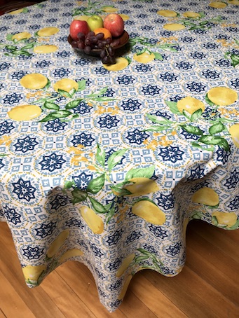 blue and white kitchen tablecloth with lemon designs