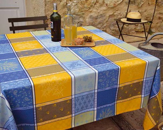 blue and yellow teflon treated jacquard tablecloth from Provence