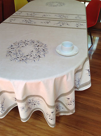 12 seater french tablecloth with olive design and beige background
