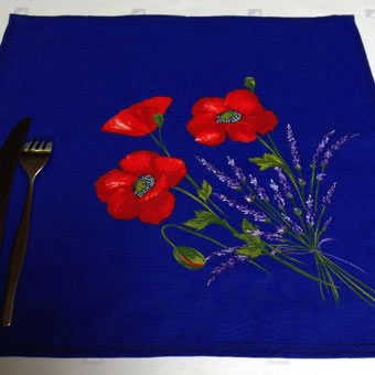 blue napkin with red poppies designs