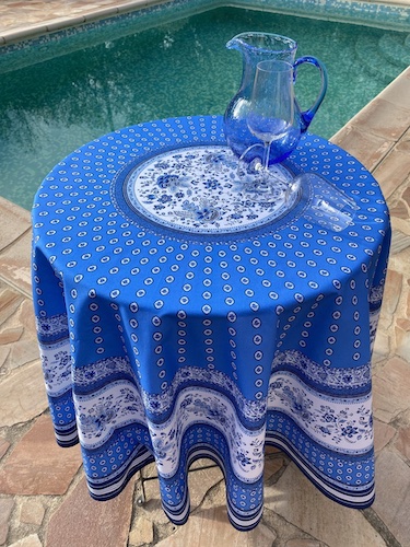 blue and white 70in round provencal tablecloth