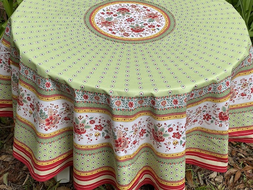 traditional provencal tablecloth with green and pink tones