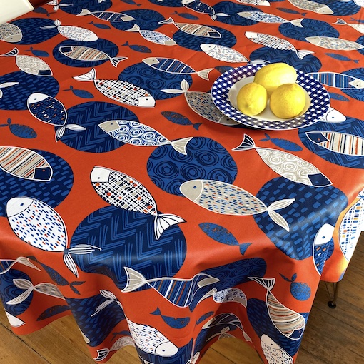 acrylic coated french tablecloth seats 10 with fish designs