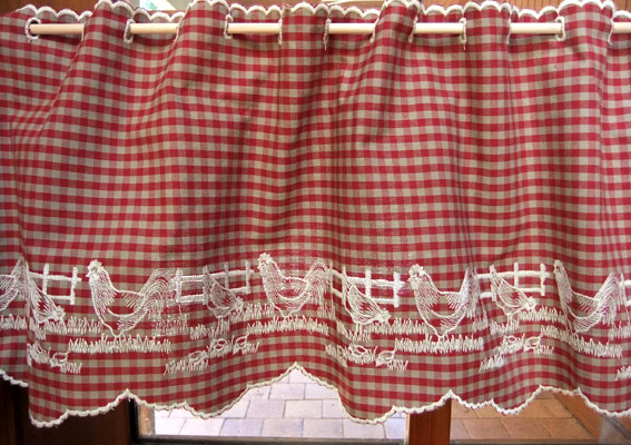 French Valance curtain red linen check with chicken reversible design.